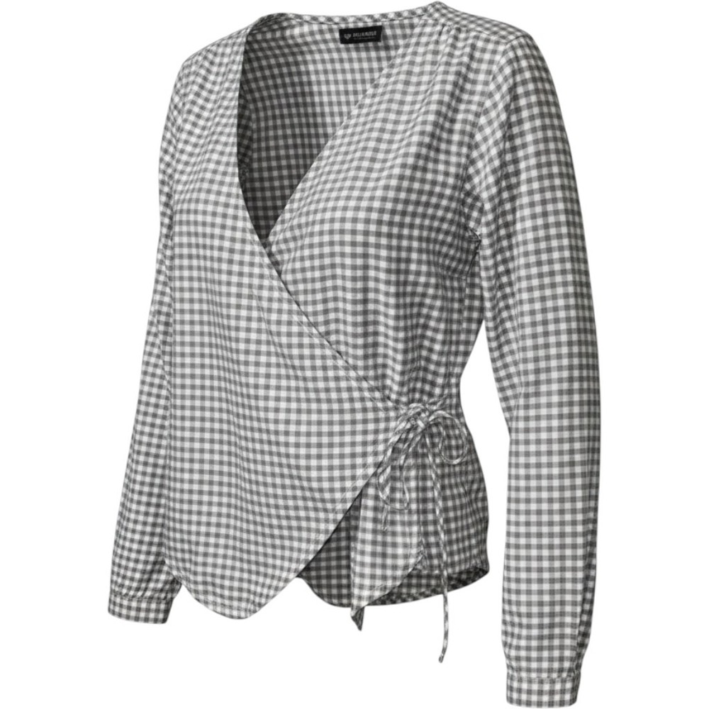 Dockers Womens Gingham Wrap Top Grey White Long Sleeve V-Neck Blouse Large NEW